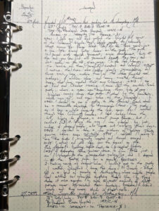 A sheet of paper with tight hand writting. The Field Journal entry is from 2025