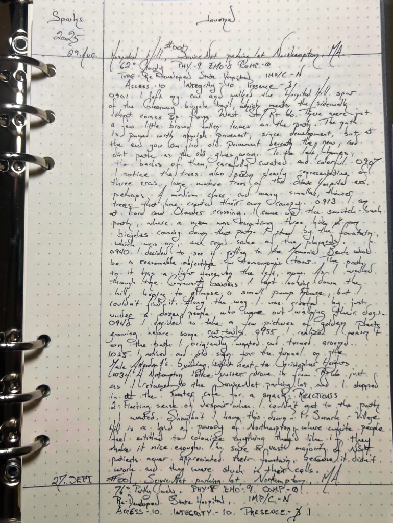 A sheet of paper with tight hand writting. The Field Journal entry is from 2025